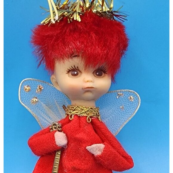 Vintage 1950s Napco Red Hair Pixie Angel Ornament • Felt Elf Japan • Gold Tinsel - Picture 4 of 9